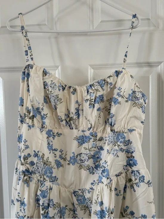 100% Cotton Cream Midi Dress with Blue Floral Print - Picture 2 of 8
